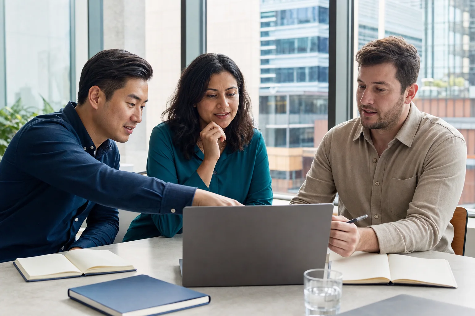 Three business systems professionals collaborating around a laptop in a bright office
