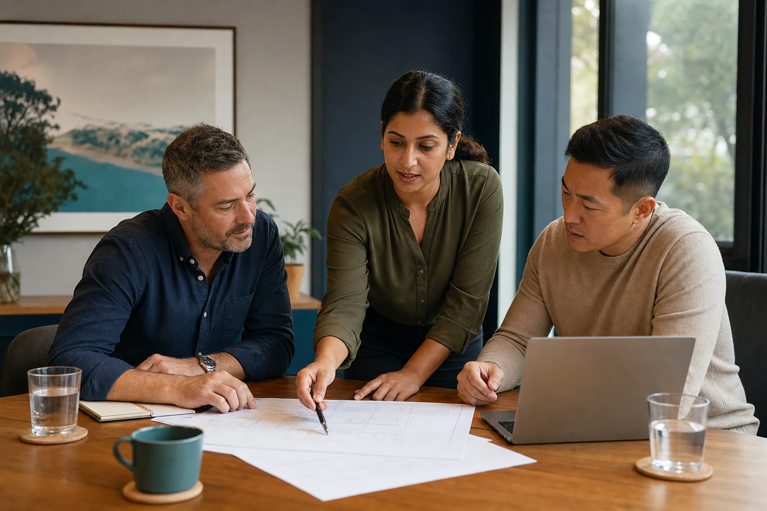 Three business professionals reviewing a delivery plan together in a modern office